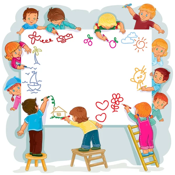 Happy children together draw on a large sheet of paper - Stok Vektor