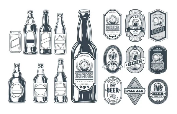 Set of icons beer bottles and label them — Stock Vector