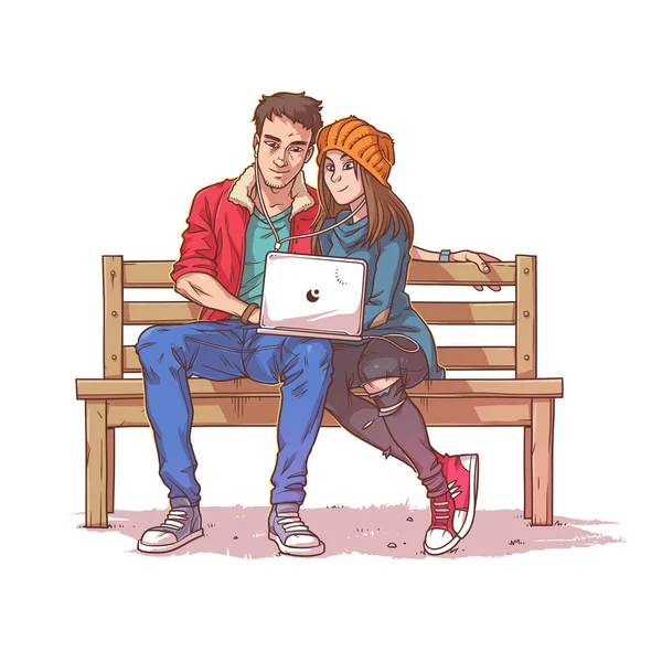 Young couple sitting on a bench and listen to music — Stock Vector