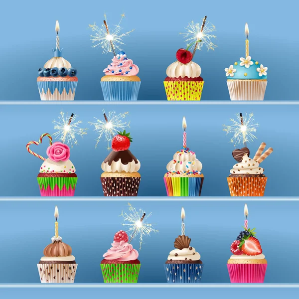 Sammlung von festlichen Cupcakes mit Wunderkerzen und Kerzen. — Stockvektor