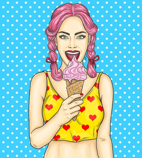 Pop art pin hasta joven sexy chica comiendo helado — Vector de stock