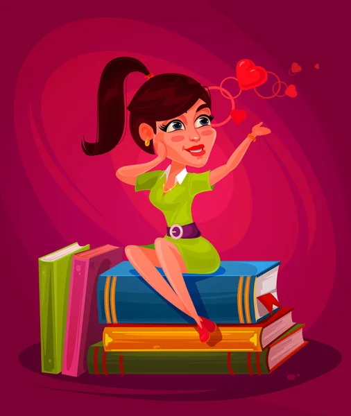Ilustração de uma jovem sentada sobre os livros — Fotografia de Stock