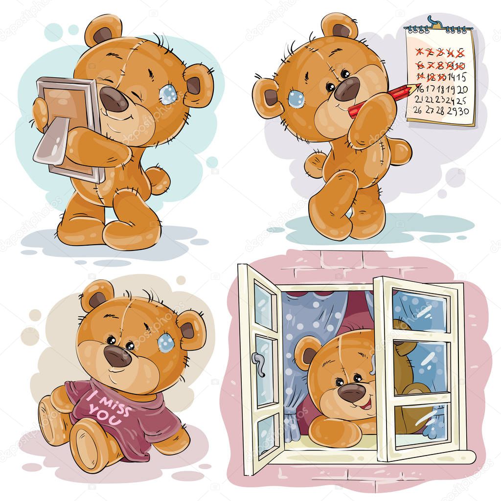 Set vector clip art illustrations of bored teddy bears.