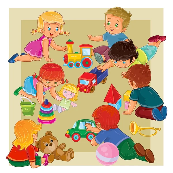 Μικρά αγόρια και τα κορίτσια που παίζουν με τα παιχνίδια — Διανυσματικό Αρχείο