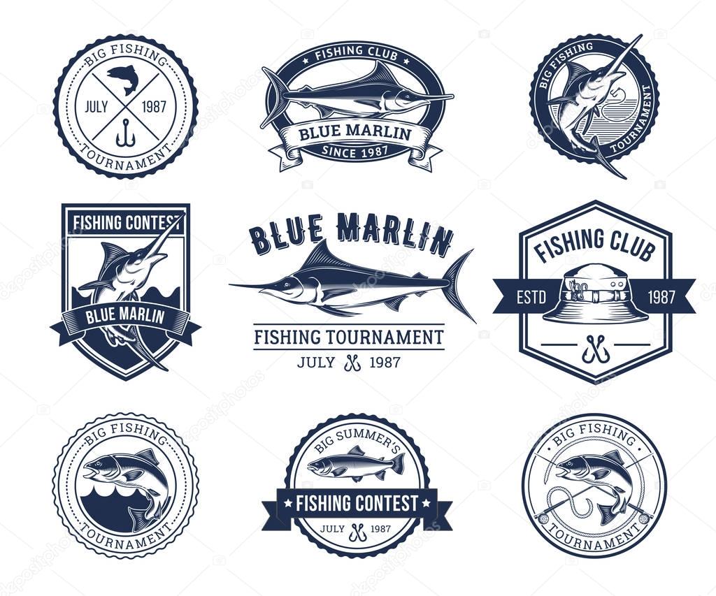 Set of vector badges, stickers on catching fish. Emblems for fishing club, tournaments