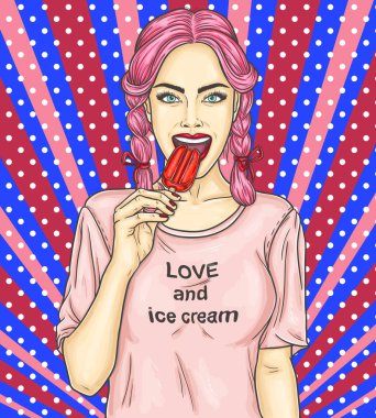 Pop art PIN eskimo pasta yeme genç seksi kız