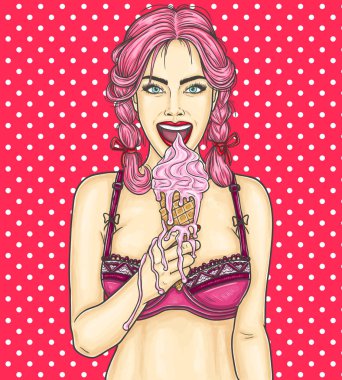 Pop art PIN dondurma yeme genç seksi kız