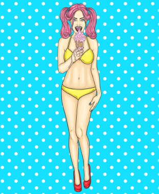 Pop art PIN ayakta ve dondurma yemek genç seksi kız