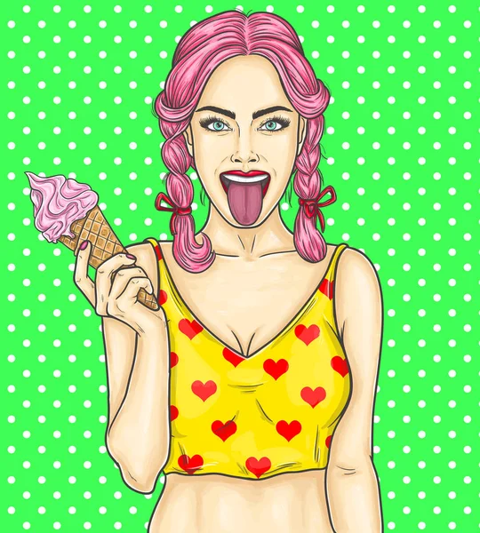 Поп-арт закріплює молоду сексуальну дівчину, що їсть морозиво — стоковий вектор