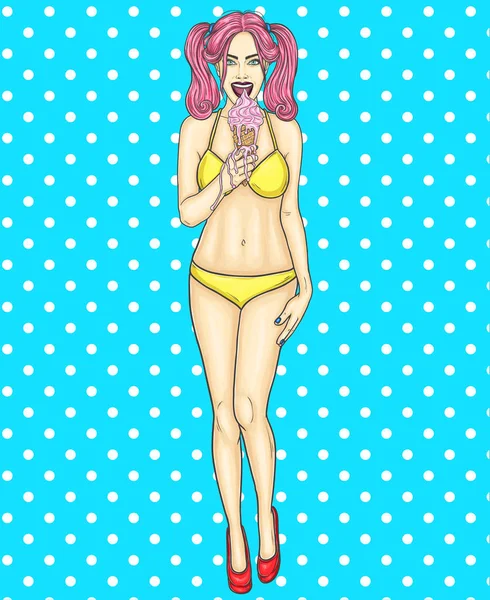 Pop art pin up joven sexy chica de pie y comer helado — Vector de stock