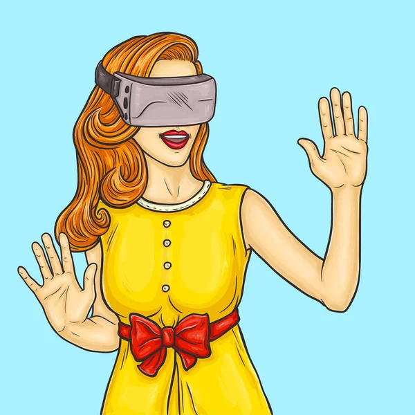 Pop arte muito jovem mulher usa um óculos de realidade virtual —  Vetores de Stock