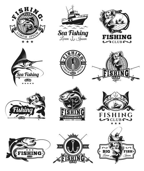 Set of vector badges, stickers on catching fish. — Stock Vector