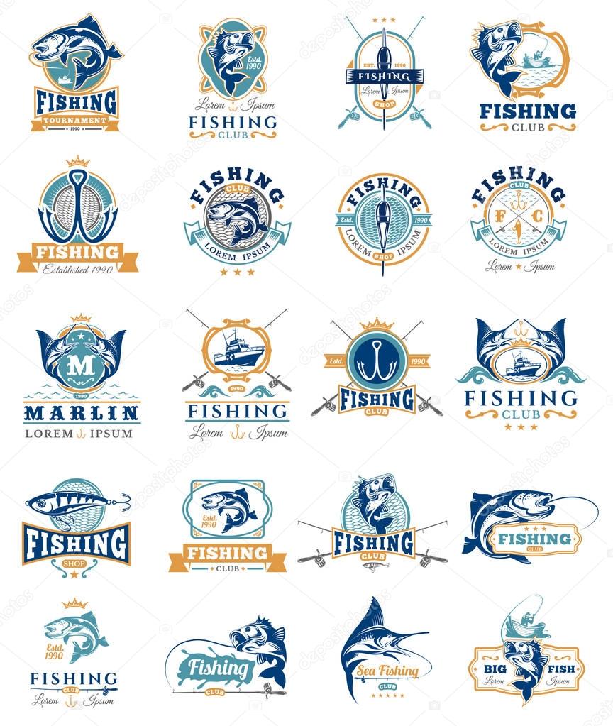 Big set of vector badges, stickers on catching fish. Emblems for fishing club, tournaments