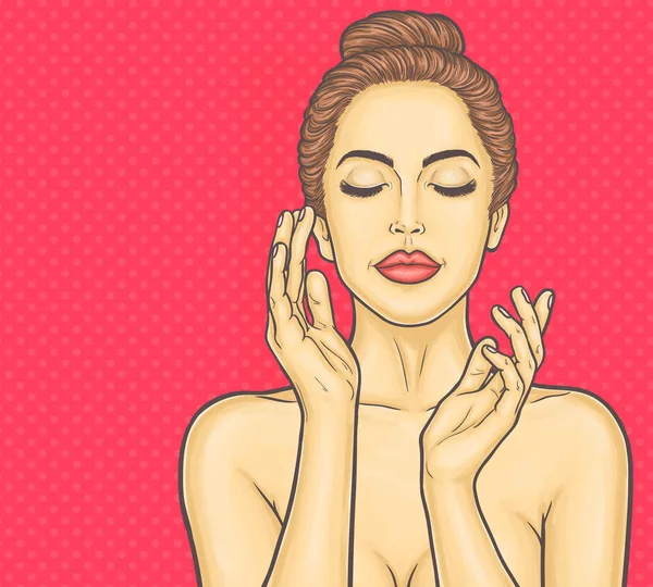 Pop arte hermosa joven mujer hace un masaje facial — Vector de stock