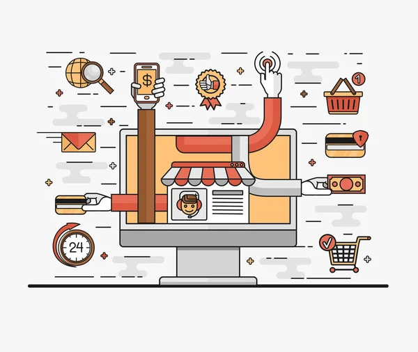 Set line art illustrazione piatta del concetto di shopping online comodo e sicuro — Vettoriale Stock