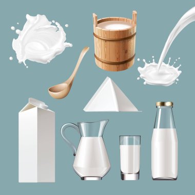 Set vector icons of dairy products, splashes. clipart