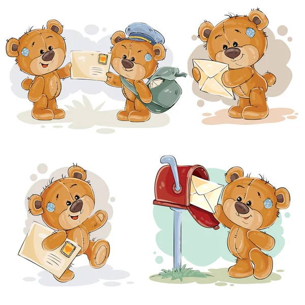 Set de ilustraciones de clip art de osito de peluche consigue y envía cartas — Vector de stock