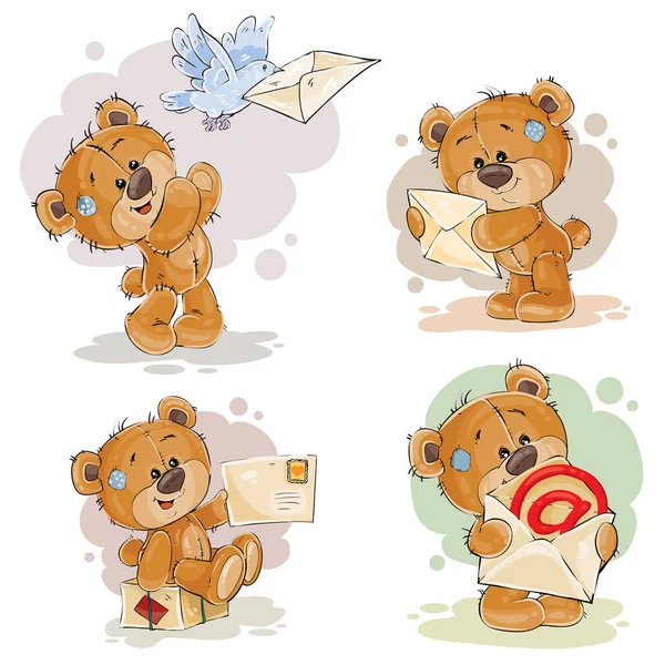 Set de ilustraciones de clip art de osito de peluche consigue y envía cartas — Vector de stock