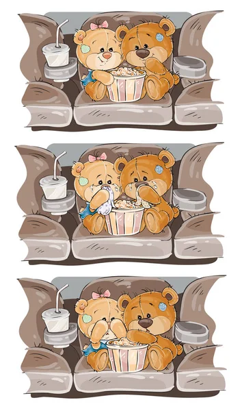 Set vector clip art illustrations Teddy Bears are watching a movie — Stock Vector