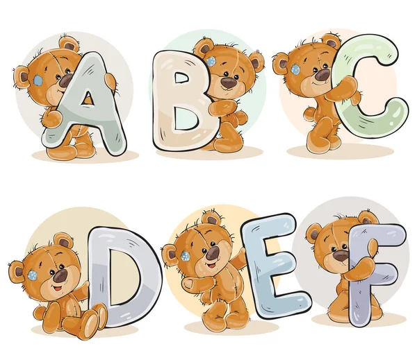 Establecer letras vectoriales del alfabeto inglés con oso de peluche divertido — Vector de stock