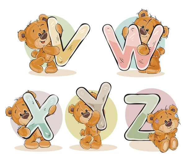 Set lettere vettoriali dell'alfabeto inglese con divertente orsacchiotto — Vettoriale Stock