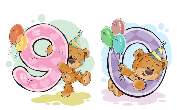 Verzameling van getallen met een leuke vector teddybeer — Stockvector