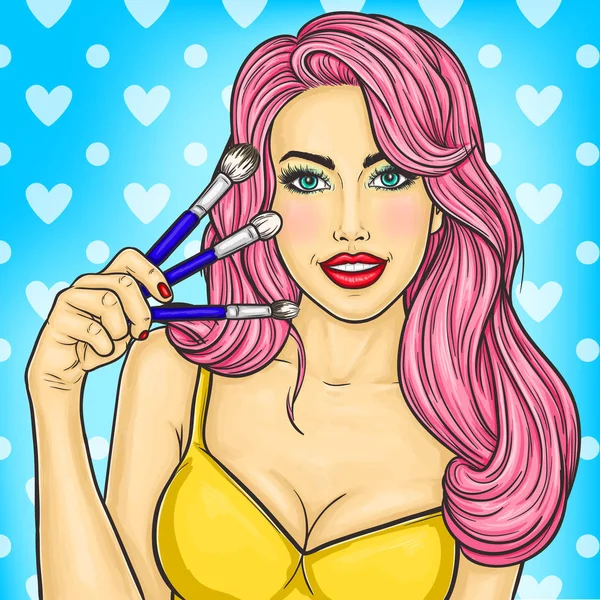 Pop art chica bonita sosteniendo un cepillo para el maquillaje — Vector de stock