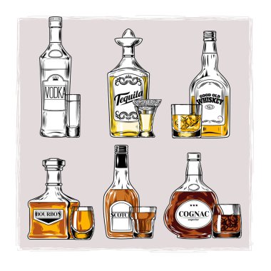 şişe alkol ve stemware ile kümesi