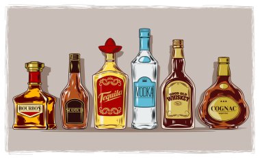 şişe alkol ve stemware ile kümesi