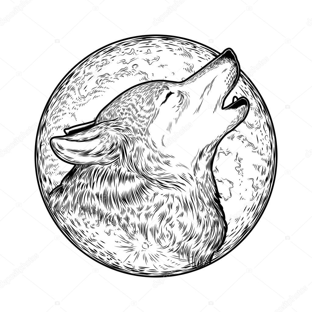 Illustration of a howling wolf, engraving. Print for T-shirts.