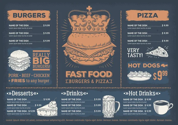 Векторна ілюстрація дизайну меню ресторану швидкого харчування, кафе з мальованою вручну графікою . — стоковий вектор