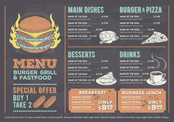 Vektor-Illustration eines Design-Fast-Food-Restaurant-Menüs, eines Cafés mit einer handgezeichneten Grafik. — Stockvektor