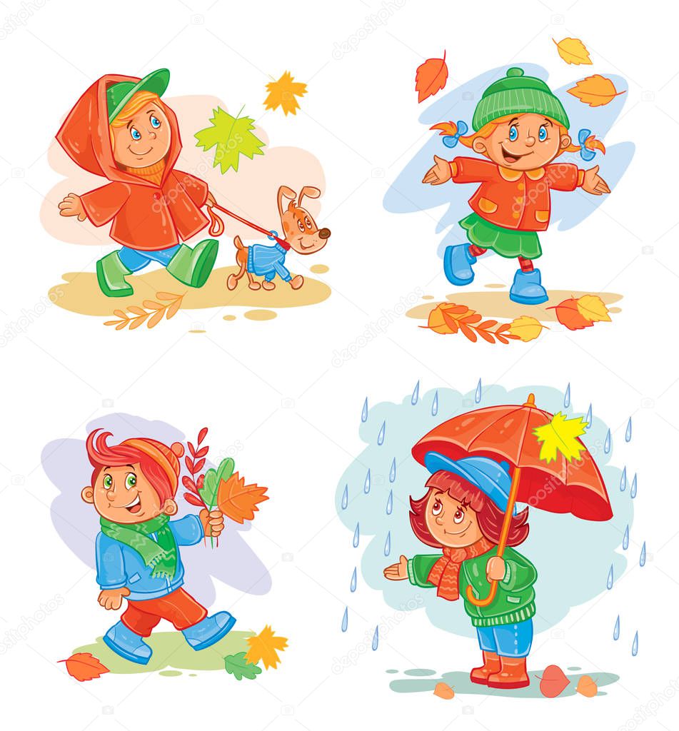 A set of icons of small children in autumn clothes