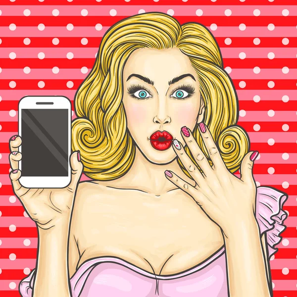 Pop art una chica sexy joven impactado descuento en el teléfono inteligente — Vector de stock