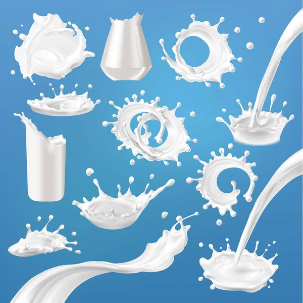 Conjunto de salpicaduras de leche vectorial 3D y vertido — Archivo Imágenes Vectoriales