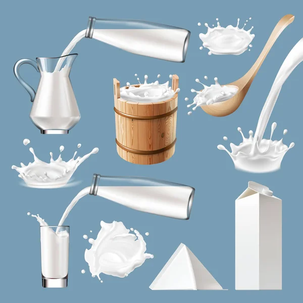 Set of 3D vector milk splash and pouring — Stock Vector