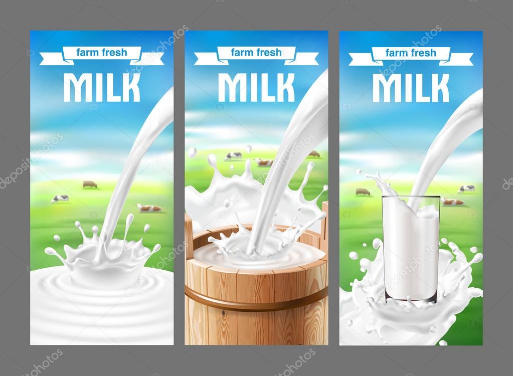 Vector illustration of a set of labels for milk and dairy with milk splash and pouring. Realistic style