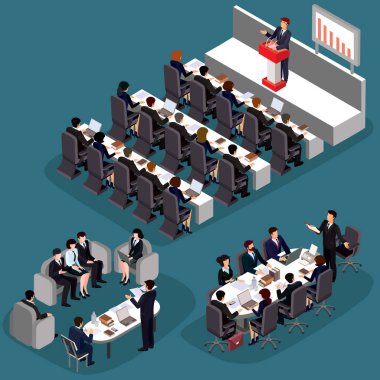 Vektör çizim 3d düz izometrik iş adamları. Bir iş lideri, baş Yöneticisi, CEO'su kavramı.