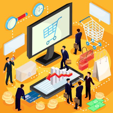 E-ticaret, online mağaza 3D izometrik illüstrasyon kavramı vektör.