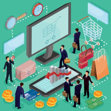 E-ticaret, online mağaza 3D izometrik illüstrasyon kavramı vektör.