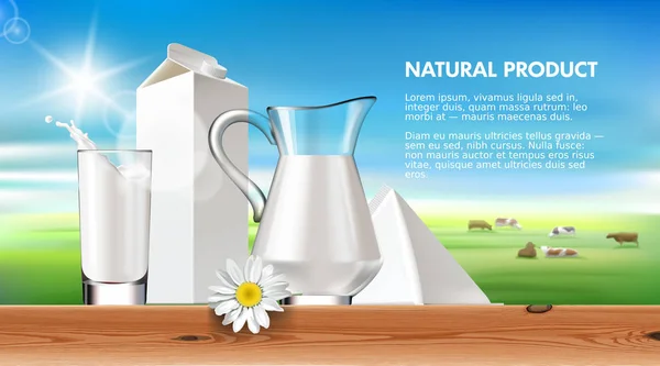 Vektor-Illustration Milch und Milchprodukte auf einem Hintergrund aus grünem Rasen und Herdenkühen. — Stockvektor