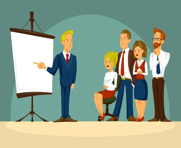 Ilustracja kreskówka wektor smart biznesmena w biurze prezentacji — Wektor stockowy
