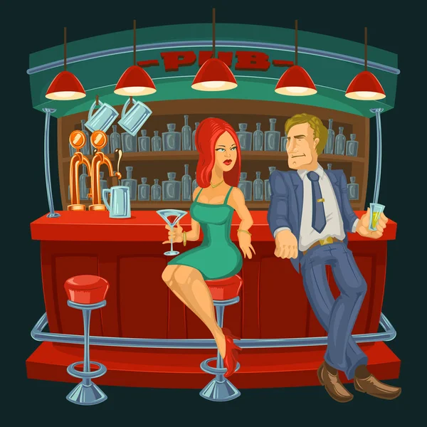 Illustration de bande dessinée de l'homme rencontre une femme dans le bar — Image vectorielle