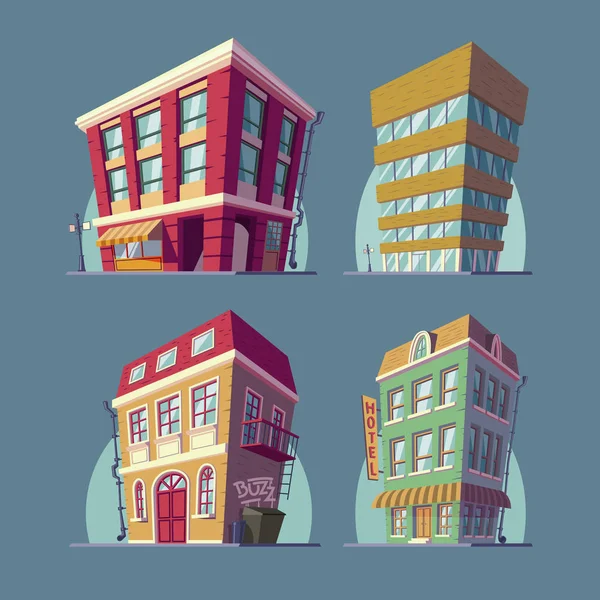 Набор векторных изометрических иконок зданий в стиле мультфильма — стоковый вектор