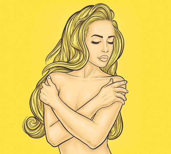 Pop-art nude žena pokrývá prsa s rukama — Stockový vektor