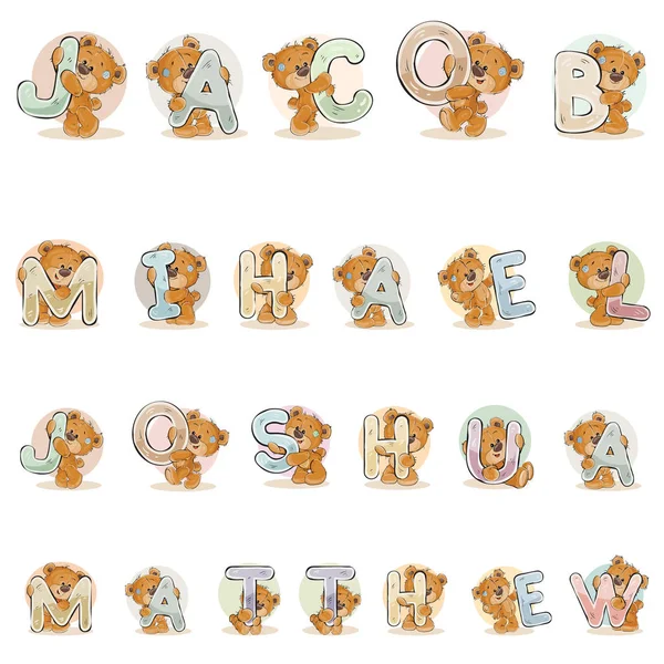 Nomes para meninos Jacob, Mihael, Joshua, Matthew fez letras decorativas com ursinhos de pelúcia —  Vetores de Stock