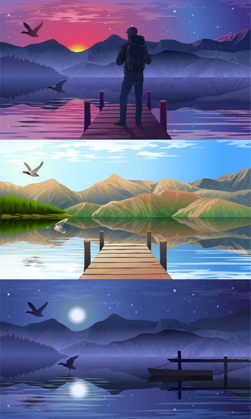 Vista del lago y el muelle — Vector de stock