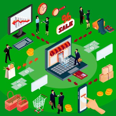 E-ticaret, online mağaza 3D izometrik illüstrasyon kavramı vektör.