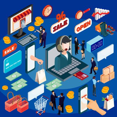 E-ticaret, online mağaza 3D izometrik illüstrasyon kavramı vektör.