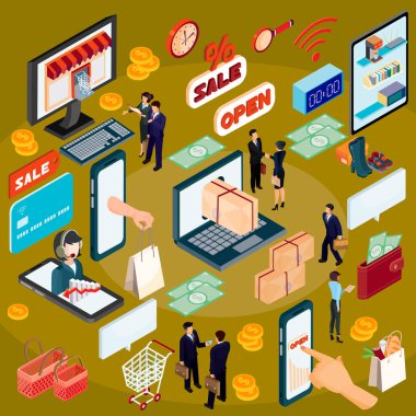 E-ticaret, online mağaza 3D izometrik illüstrasyon kavramı vektör.